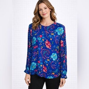 Liz Claiborne Vintage Floral Silk Blouse Top Size 14 XL Jewel Tones Button Artsy